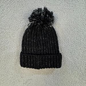 Black Knit Pom Pom Beanie Hat Silver Metallic Thread Womens One Size